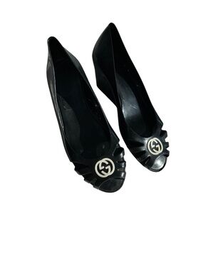 Gucci Italy black jelly rubber GG logo wedge peep toe shoes 38 US 8